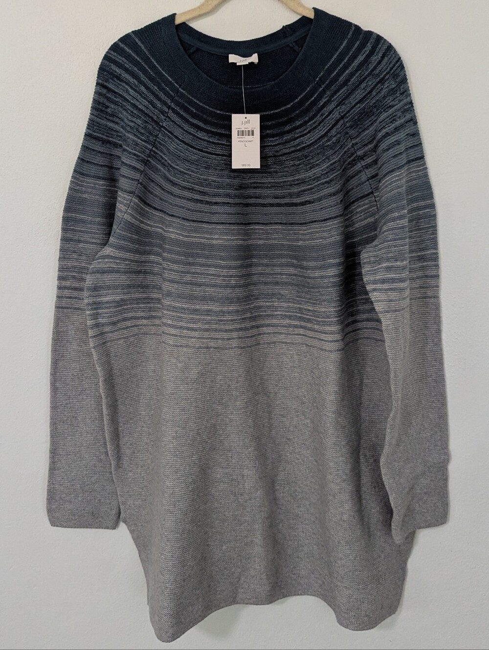 J. Jill NWT Ombre Sweater Tunic Pullover Knit Raglan Gray Teal Peacock Large L